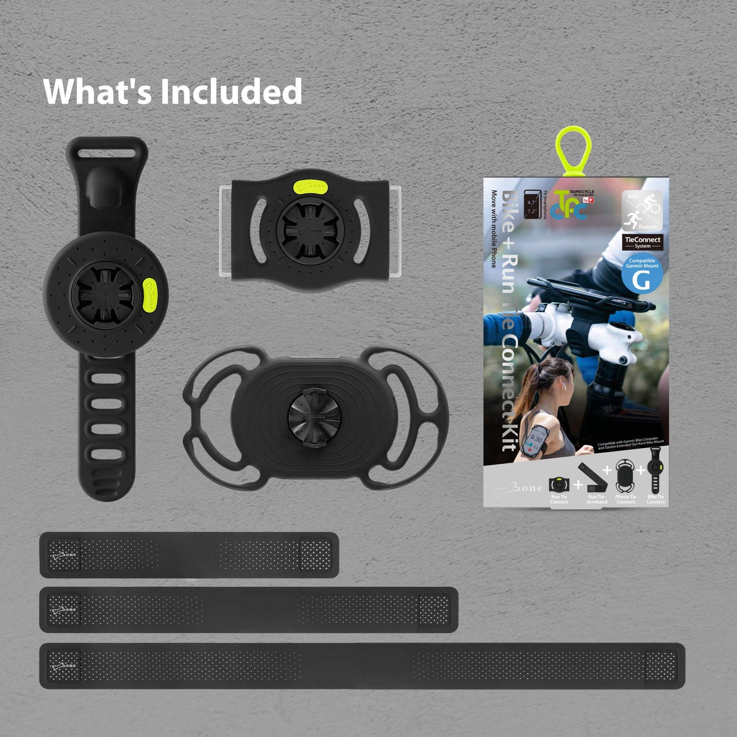 Bone Run + Bike Tie Connect Kit 1, 2-in-1 Running & Bike Phone Holder, Detachable & Rotatable 360° Sport Armband & Phone Mount Compatible with Most Smartphones (Stem/Armband 2-in-1 Connection Kit)