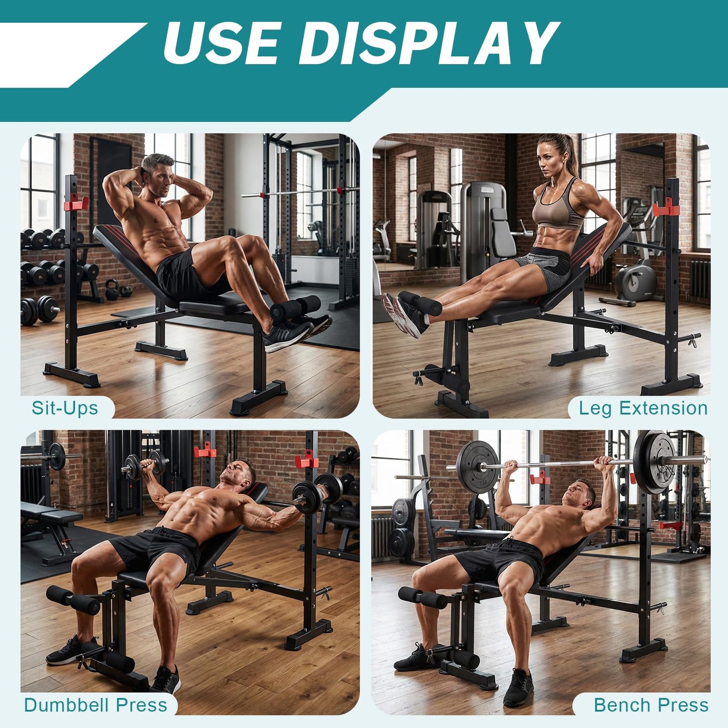 OLIXIS Adjustable Weight Bench Set with Rack, 650 LBS Capacity Heavy Duty Foldable Bench Press Set with Leg Extension Curl, Easy Assembly Strength Training Workout Set for Garage, Home, Gym-Red