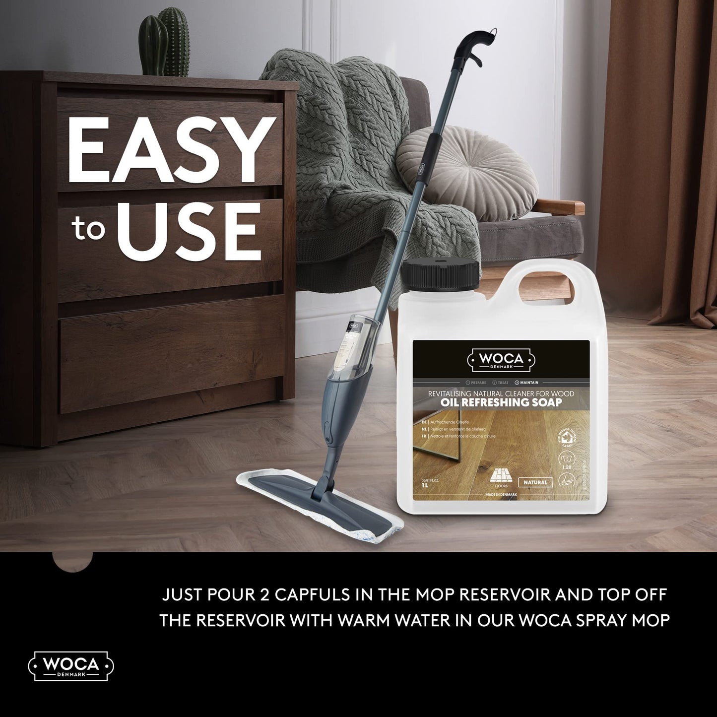 WOCA Denmark Oil Refreshing Soap Natural 1L – Oiled Wood Floor Cleaner & Rejuvenator, Plant-Based, Low VOC, Maintains Matte Finish