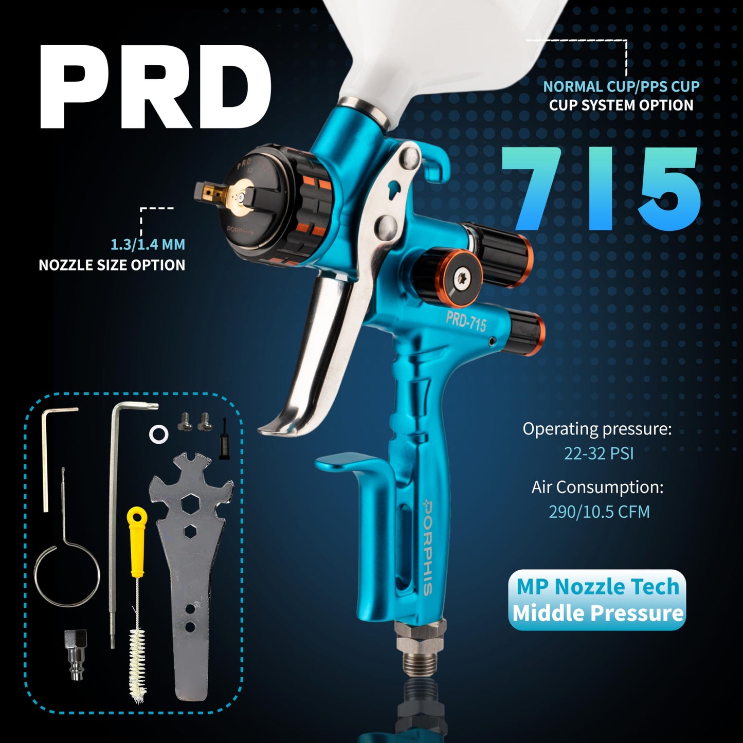 PORPHIS Automotive Refinishing Spray Gun PRD-715 Middle Pressure 1.4mm Nozzle Paint Spray Gun