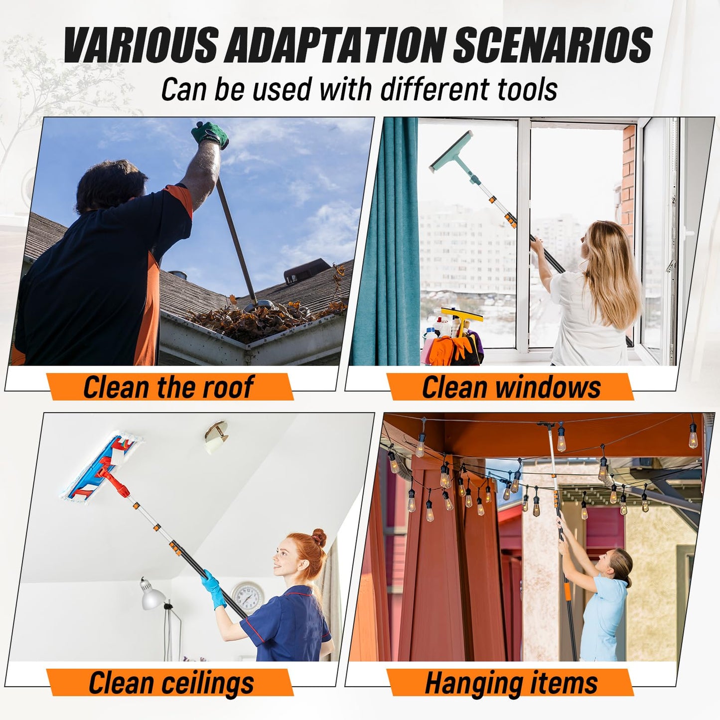 Leriton 7-36 ft Telescopic Extension Pole with Utility Hook, Multi-Purpose Aluminum Pole for Painting, Dusting and New Year Window Cleaning Christmas Lights Installation Without a Ladder (Orange)