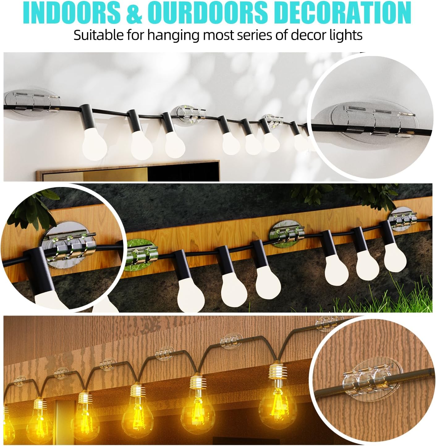 Skiennix Heavy-Duty Outdoor String Light Hooks - 30 Waterproof Adhesive Clips for Easy Hanging