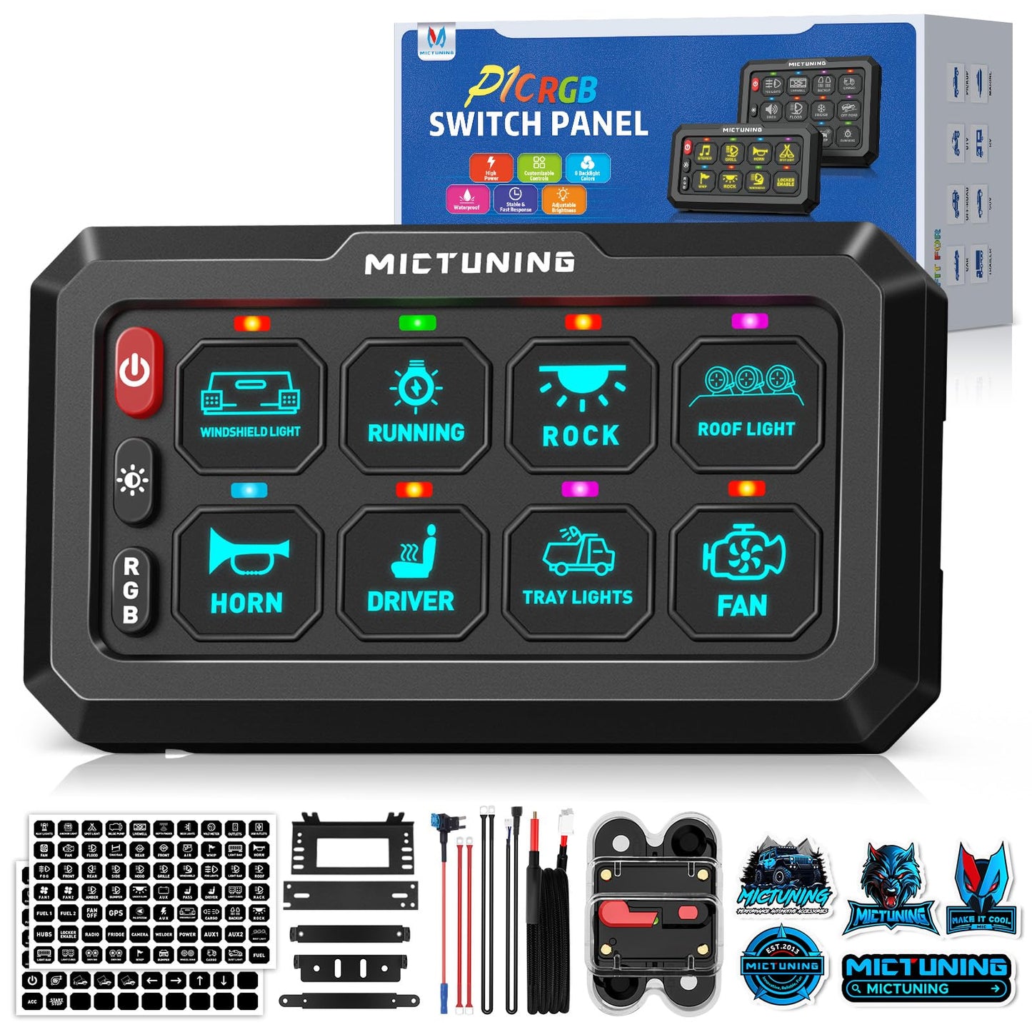 MICTUNING P1C+ RGB 8 Gang Switch Panel, IP67 Waterproof 6 Level Brightness Multifunction Toggle Momentary Flash Strobe Circuit Control Relay System Box for Off Road Truck SUV UTV RV
