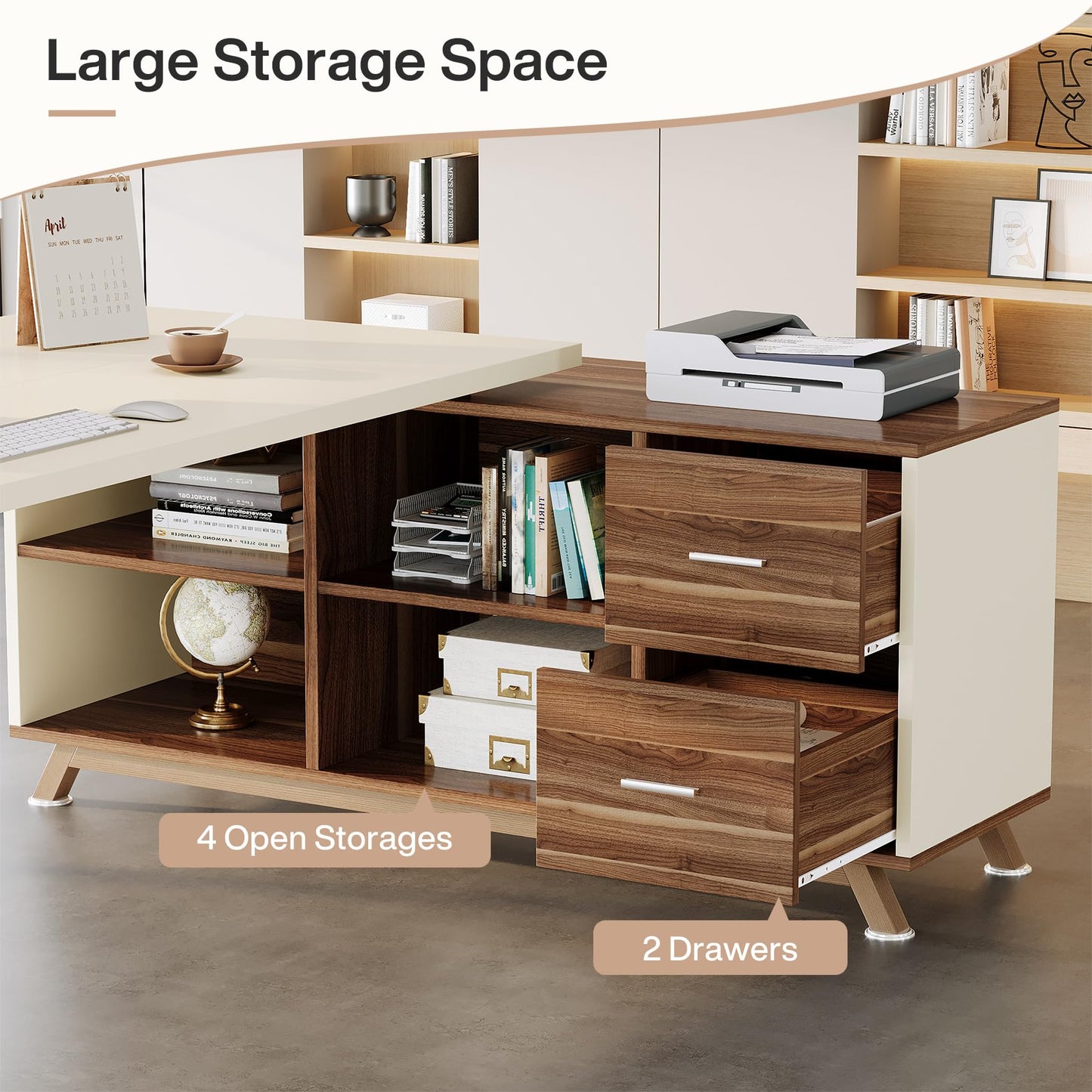 Tribesigns 78.7" L-Shaped Executive Desk, Modern Office Desk with File Drawers & Storage Shelves, Large Computer Desk with 55-Inch Cabinet, Business Workstation for Home Office, Beige & Walnut