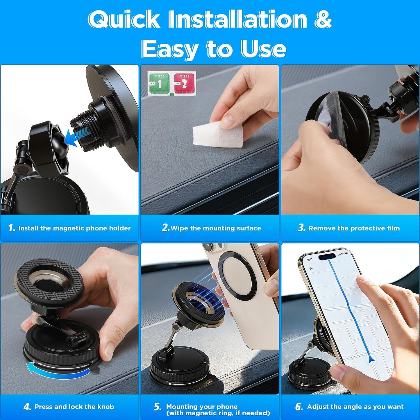 360 N52 Vacuum Magnetic Phone Holder for Car, Adjustable Suction Mount with Magnets, Magsafe Suction Cup Phone Mount