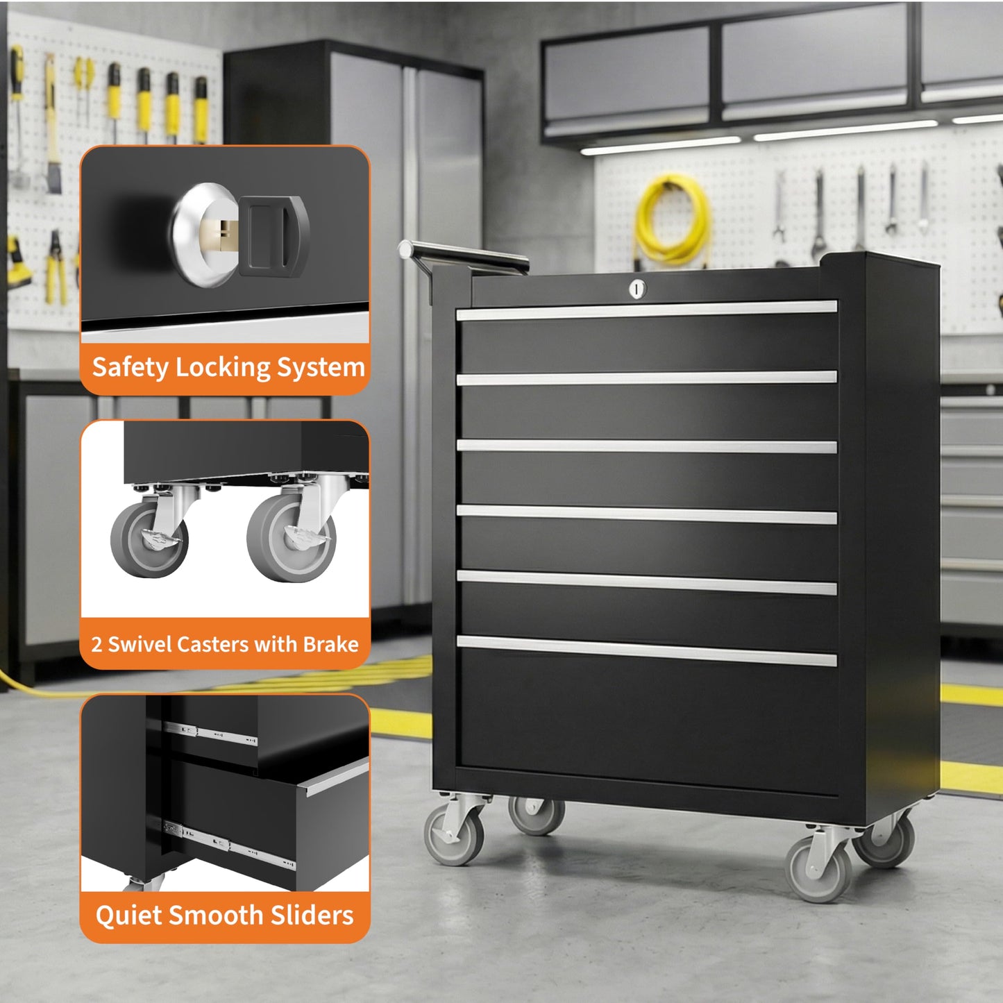 IDEALHOUSE Rolling Tool Chest, 6 Drawers Tool Storage Cabinet, Toolbox with Wheels, Portable Tool Cabinet Organizer with Locking System & Drawer Liners, Tool Storage Cart for Garage, Workshop, Black
