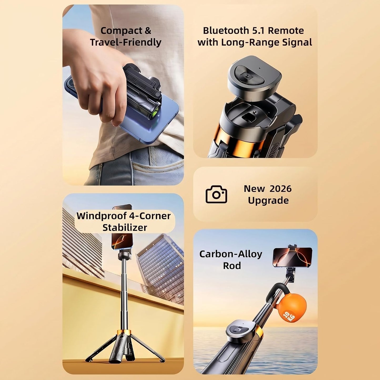 Briteroh 4" 4-Leg 360 3.8 oz Mini Selfie Stick Tripod, Pocket-Sized Selfie Stick with Bluetooth Remote, Reinforced