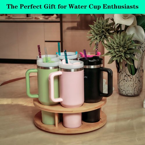 Ami.Todfo 7 Slots Water Bottle Organizer for Stanley Cup Tumbler Accessories Owala Bottle Holder Rotatable Drying Rack Storage for Kitchen Cabinet Countertop Pantry Organizers for Gift, Natural Wood