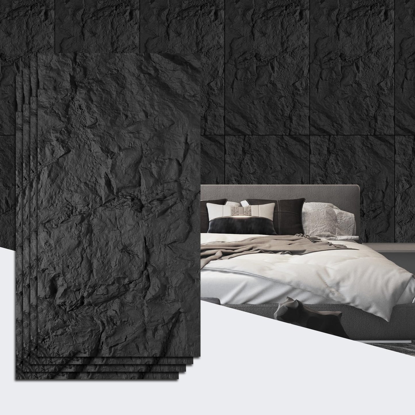 VESLARA 4 PCS Faux Stone Wall Panel 43.3’’ x 23.6’’ PU Wainscoting Panel with Mountain Rock Design 3D Wall Panel for Interior Wall Decor Bedroom Living Room Office Black