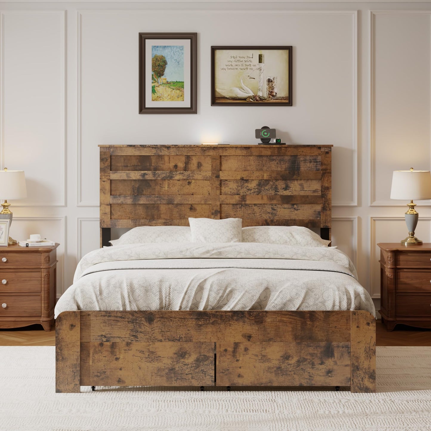 GDFStudio Full Size Industrial Bed Frame with Storage Headboard, Wood & Metal Platform Bed, USB Charging Station, Noise-Free Support, Easy Assembly Bedroom Furniture, No Box Spring Needed