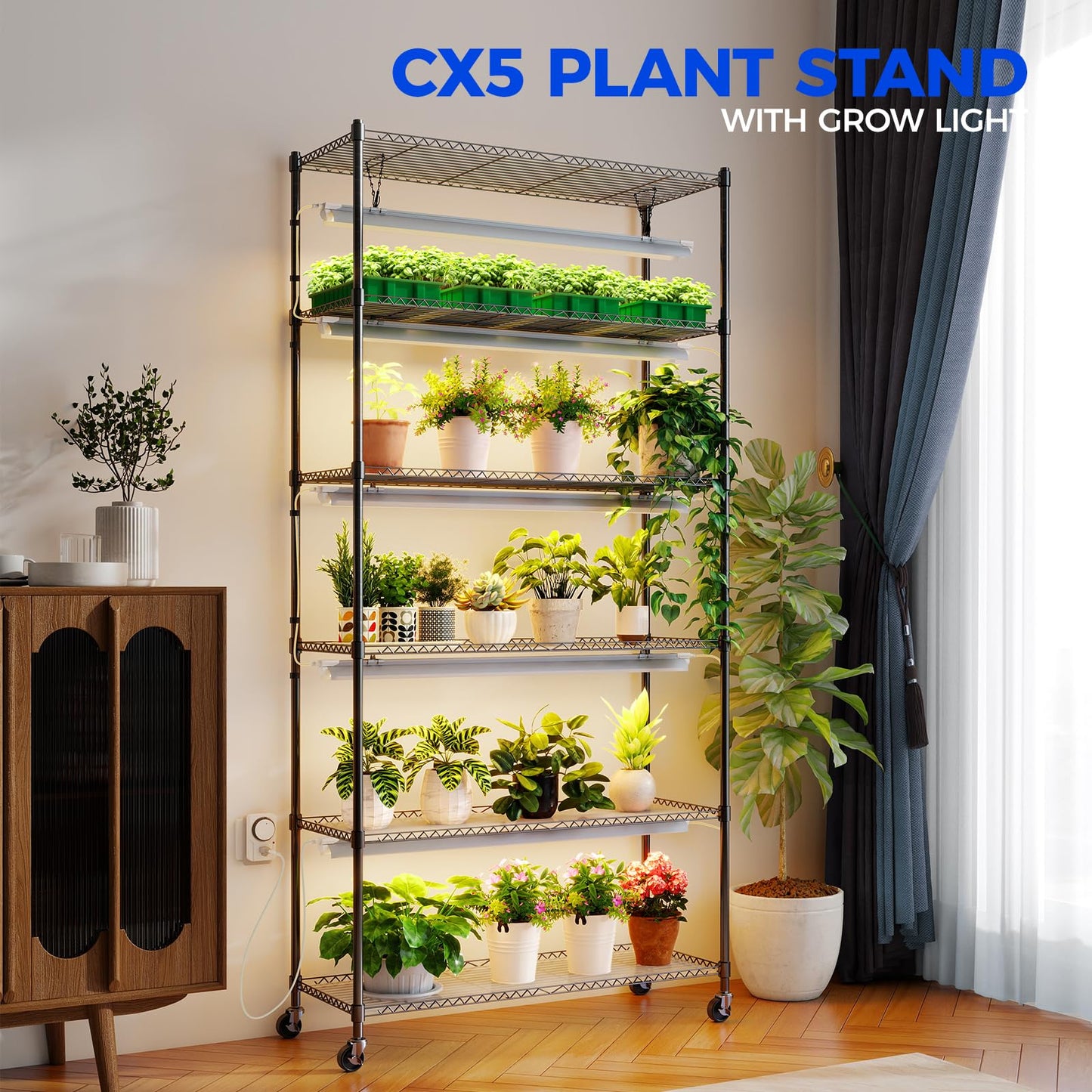 Barrina CX6 Plant Stand with Grow Lights, 3FT T8 30W, Metal, 6-Tier, 35.4inx13.8inx70.9in, Black Stand