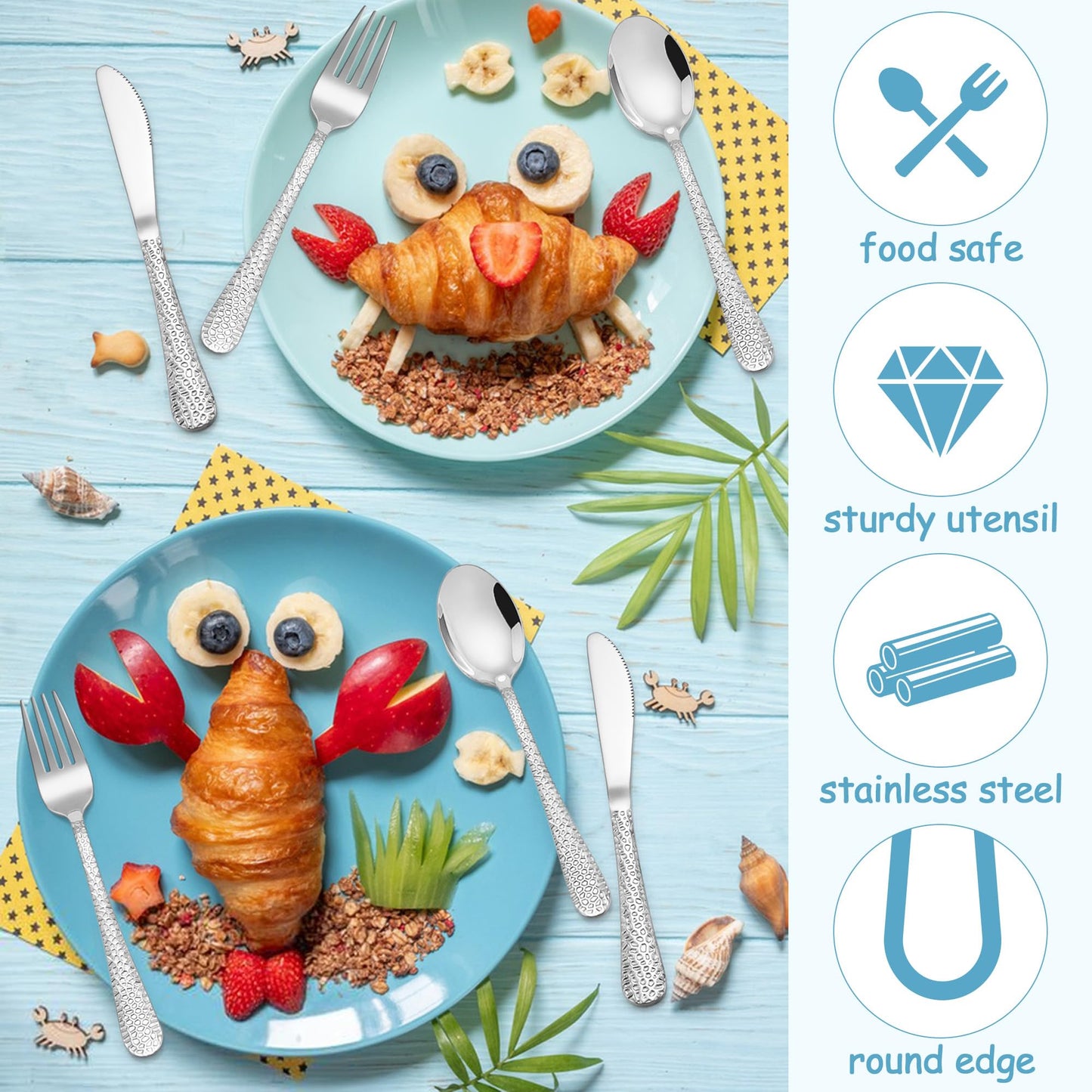 E-far 12-Piece Kids Silverware, Stainless Steel Toddler Preschooler Utensils with Adult Look, Hammered Flatware Includes 4 Forks 4 Spoons 4 Knives, Safe for Self Feeding, Non-Toxic & Dishwasher Safe