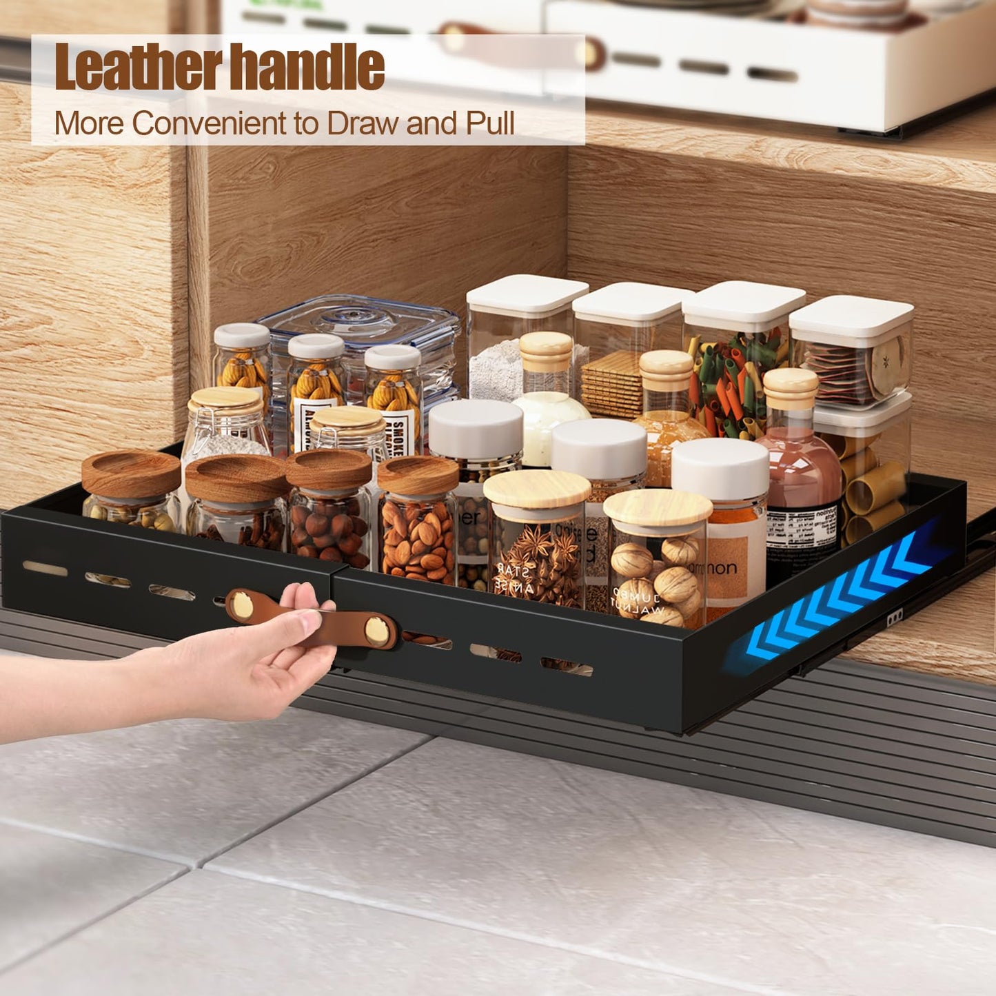 Livofloral Pull Out Cabinet Organizer, Expandable(11.8"-19.7" W) Slide out Drawers for Kitchen Cabinets Fixed with Adhesive Nano Film, Pull out Shelves for Kitchen Pantry Organization, Black, 1 Pack