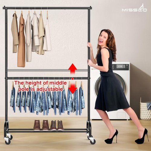 MISSLO Heavy Duty Clothing Rack - Adjustable Double Rod Garment Rack on Wheels | Black Metal Design