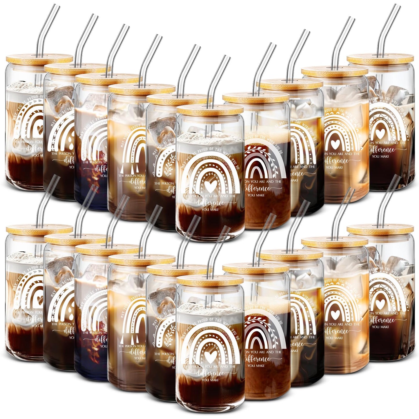 Uiifan 20 Pcs Employee Appreciation Gifts Thank You Glass Cup for Nurse 16 oz Rainbow Sign Cups Can with Bamboo Lid Glass Straw Gift for Teacher, Library, Healthcare Worker, Lab Worker, Volunteer