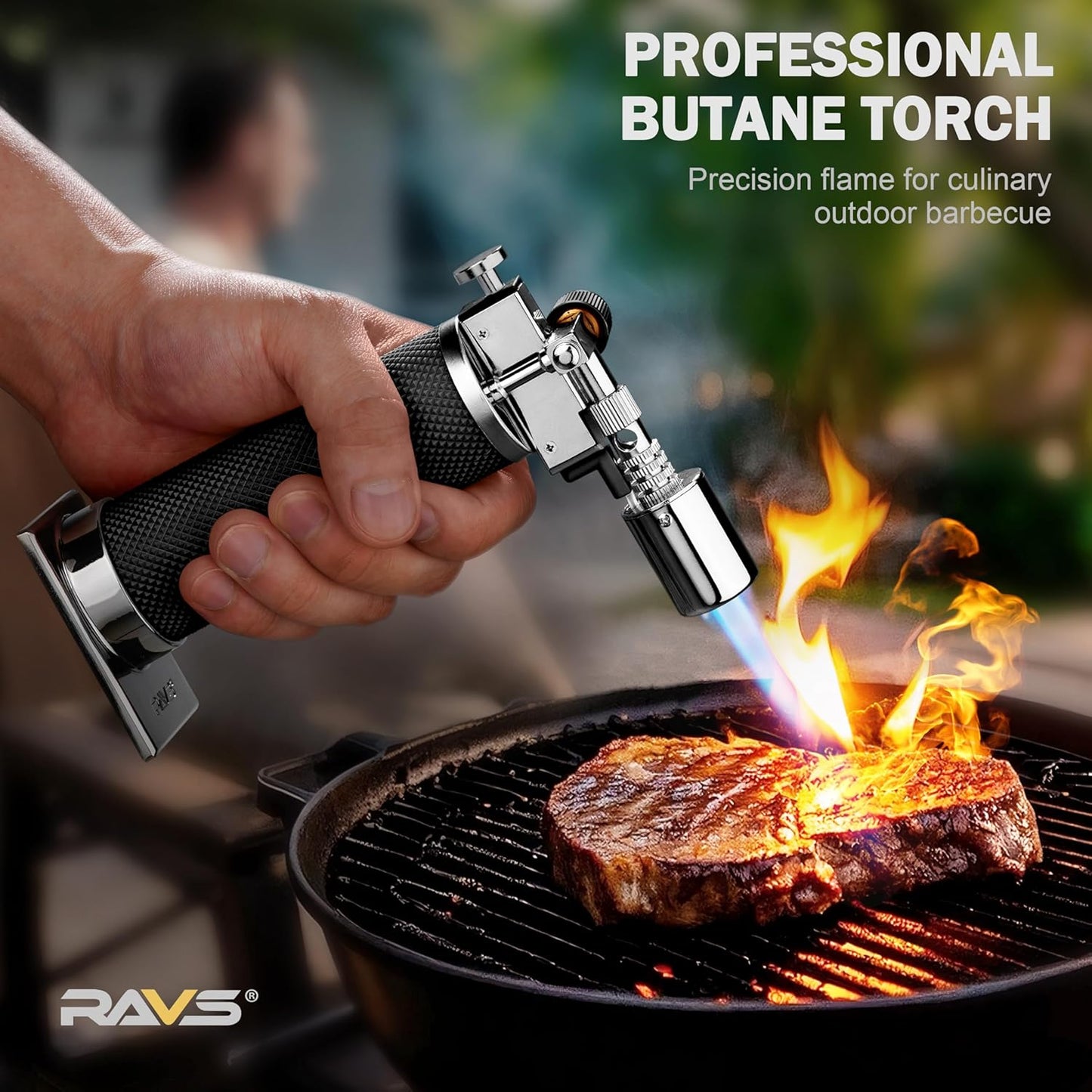 RAVS Butane Torch Lighter - Premium Metal Kitchen Torch with Adjustable Flame & Safety Buckle | Black