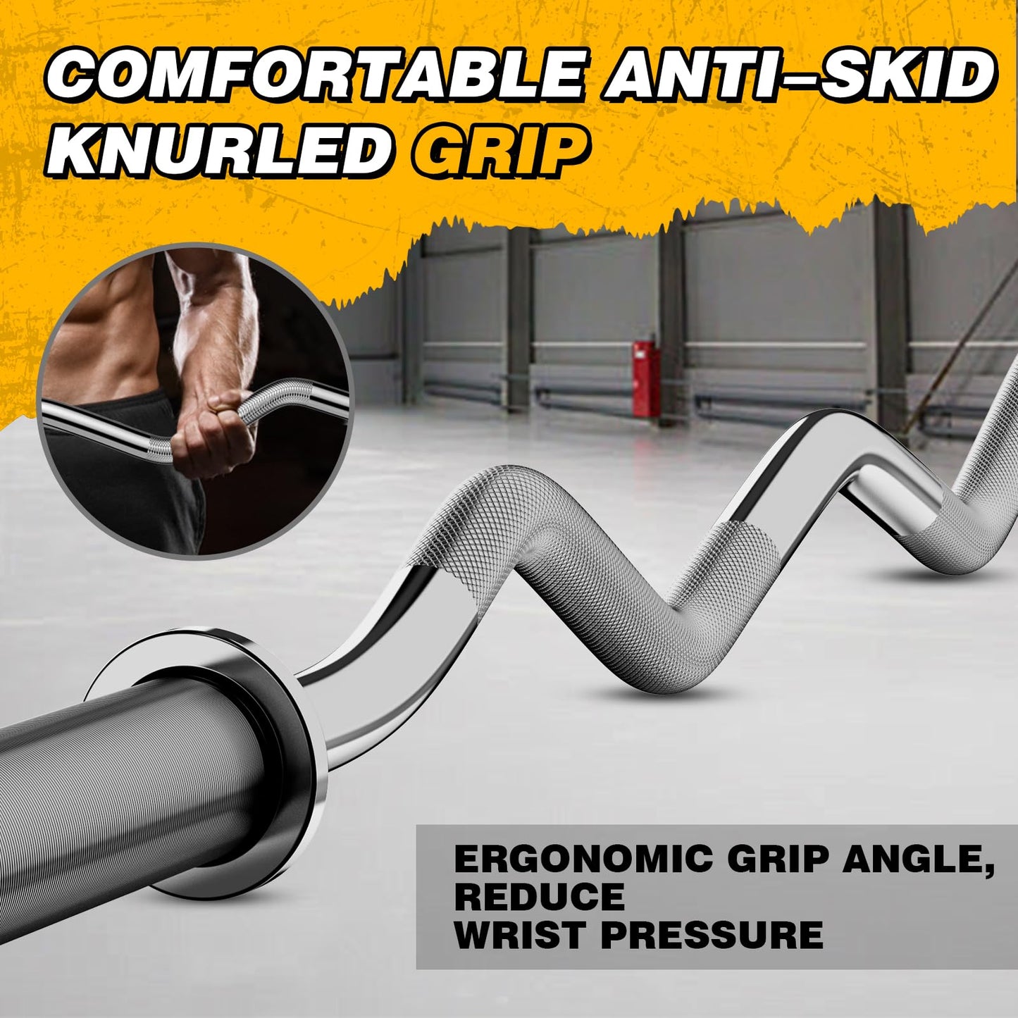Olympic EZ Curl Barbell Bar, 47" Curl Bar for Weight Lifting, Home Gym Weight Bar- Strength Training,Squat,Hip Thrusts,Biceps, Chrome Curling for 2 Inch Plates -2 Spring Collars