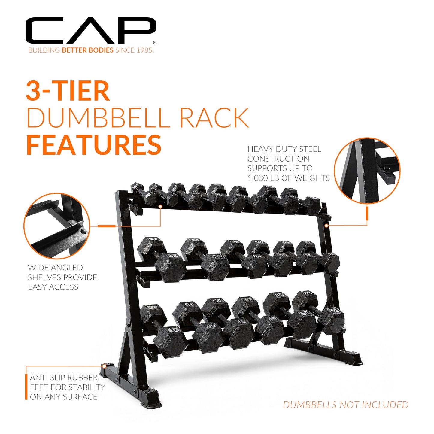 CAP Barbell Heavy-Duty 3-Tier Dumbbell Rack for 5-50 Pound Dumbbell Pairs, 51" Long
