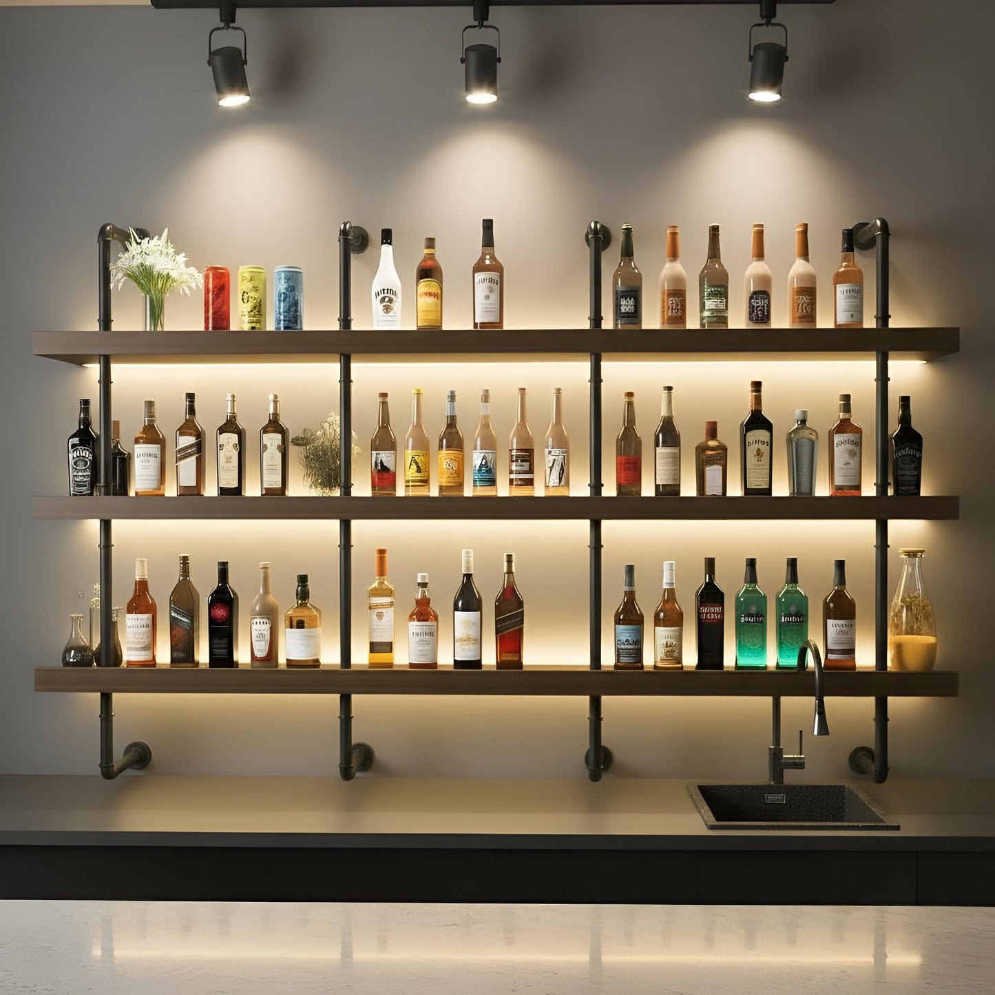 39.5-inch Modern Wall-Mounted Wine Rack with LED Lights, 3-Tier Liquor Bottle Bar Display Shelf, Industrial Wine Rack Floating Bar Shelf, Multifunctional Wine Storage Rack for Home Bar, Kitchen, Cafe