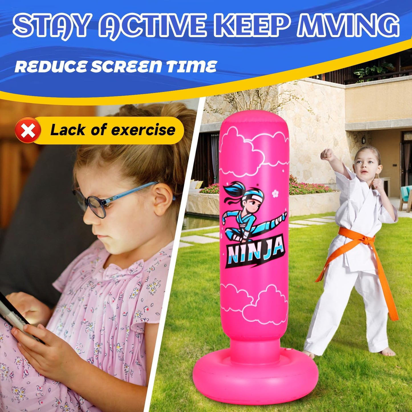 Onirii Kids Punching Bag Toy with Boxing Gloves,66 Inch Larger Stable Updated 4-in-1 Ninja Kids Inflatable Boxing Bag Set,Gifts for Boys & Girls Age 5-12 for Taekwondo,MMA and Practicing Karate