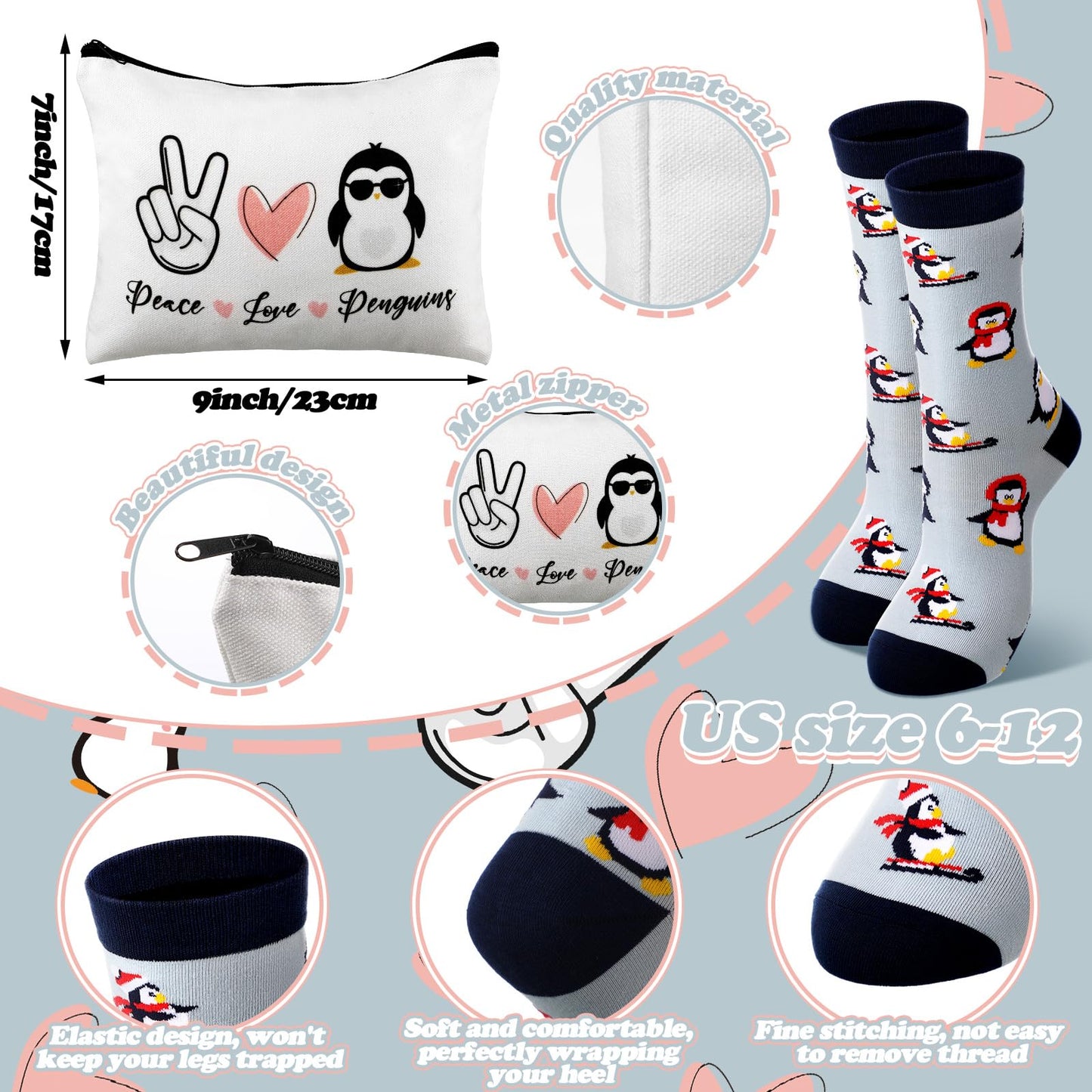Layhit 3 Pcs Penguin Gifts for Women 16 oz Coffee Glass Cosmetic Makeup Bag Socks Cute Animal Gift for Penguin Lovers Teacher Mom Nurse Colleague Employee Friend