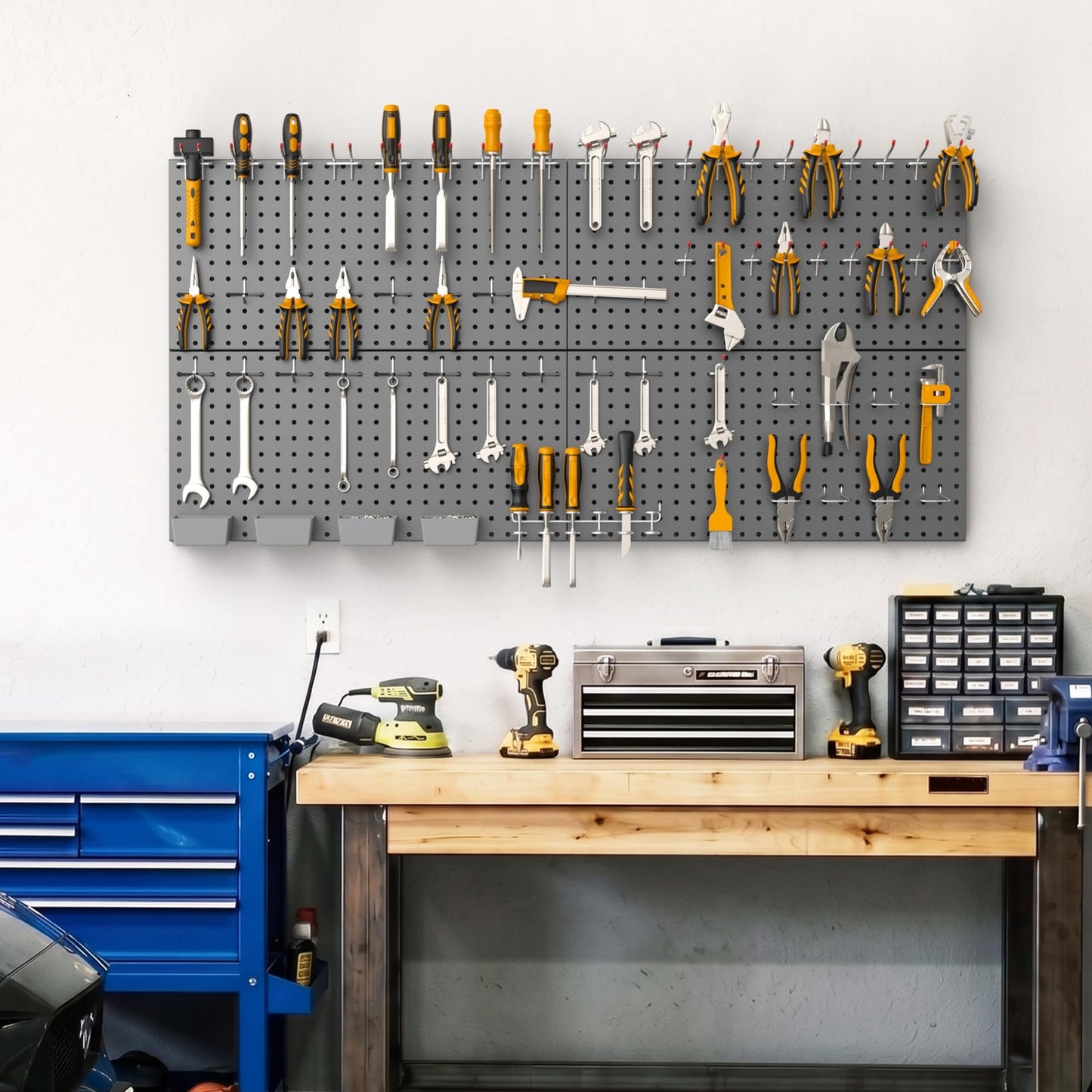 TORACK Garage Tools Organizer Boards Kit with Hooks, Modular Wall-Mounted Tool Storage Pegboard for Workbench(Black, 4 Panels with Hooks)