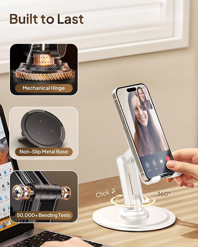 COOPER 360° Stand, [Gift Family Pack], Rotating Cell Phone Stand for Desk, Cell Phone Holder for Desk, iPhone Stand Holder, Sturdy Metal Base, Fits Samsung, Android Smartphones, (Cream White, 2-Pack)