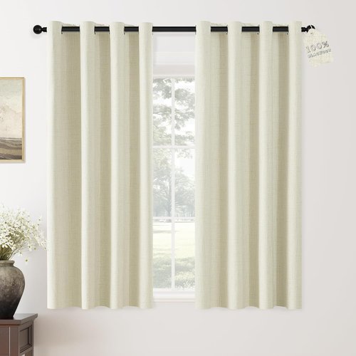 ChrisDowa 100% Blackout Curtains - 63 Inch Linen Grommet Top Drapes for Total Privacy | Beige, 2 Panels