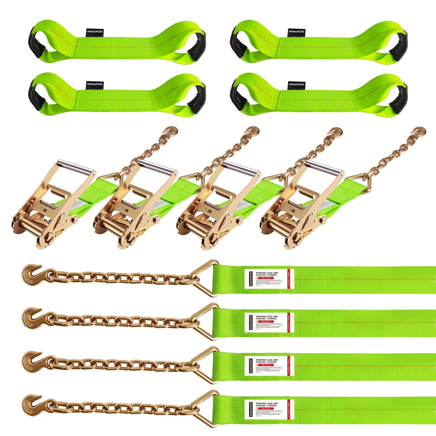 Mimanchi 3 Inch 8 Point Roll Back Tie Down Kit with 3/8" Chain Grab Hooks on Both Ends, 6600 lb WLL, Heavy Duty Tow Truck Straps Car Hauler Carrier Tie Down
