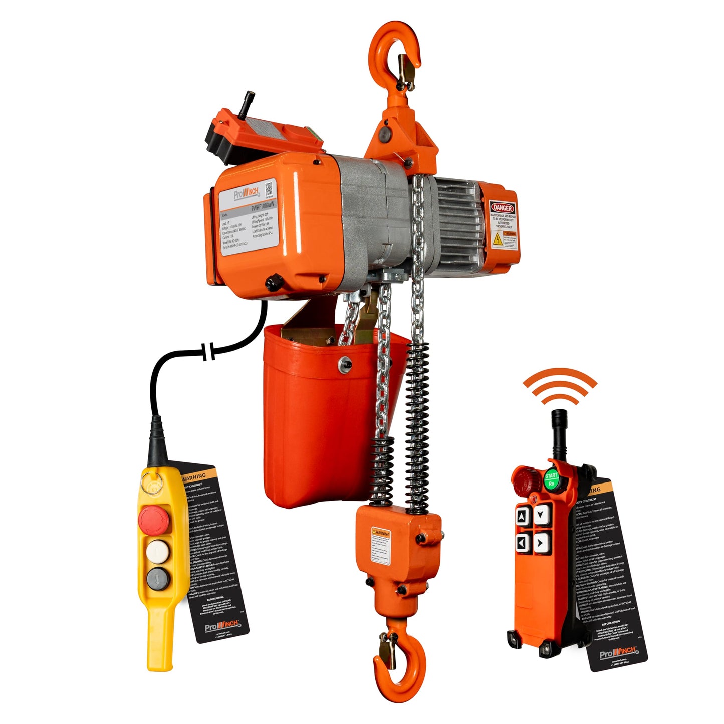 Prowinch 2200 lbs 1 Ton Electric Chain Hoist with Remote Control 110V- 20 ft Lifting Height, 1 Speed, Single Phase with G80 Chain, H2 Duty for Overhead Crane, Warehouse
