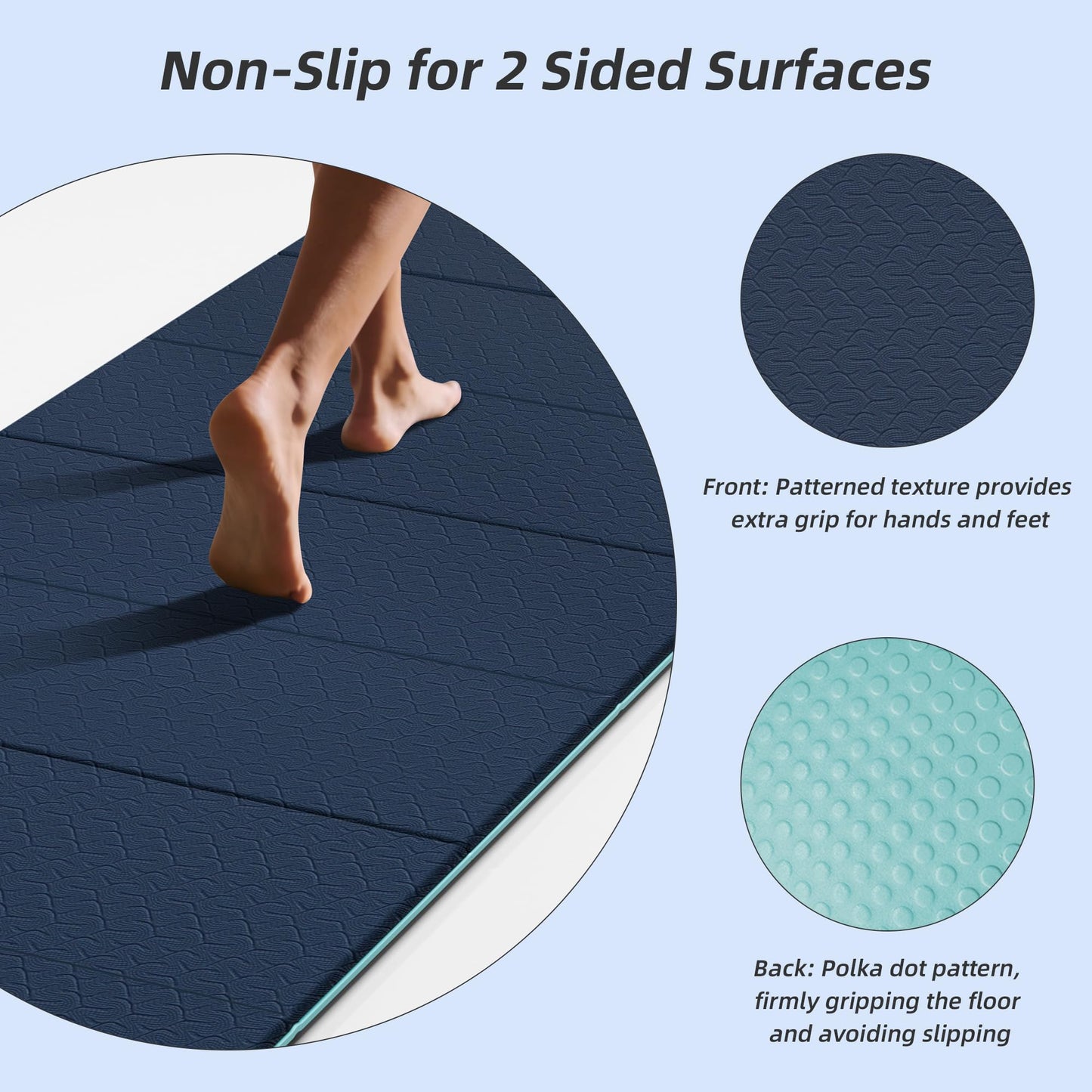 HAHE Foldable Yoga Exercise Mat, 74"Lx32"Wx1/3"Thick, TPE Multi-purpose Workout Mats with Non-slip Surface, Portable for Yoga/Pilates/Studio/Home Gym (Navy Blue+Green)