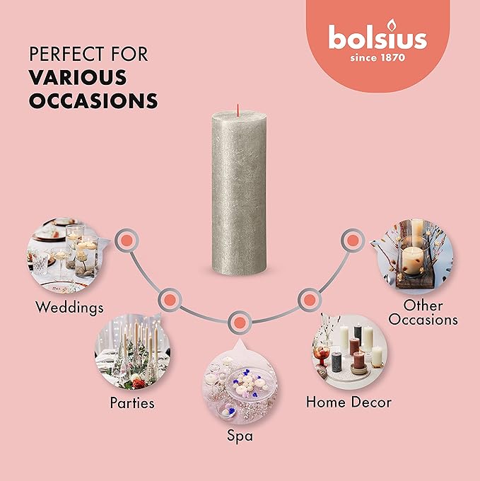 BOLSIUS Silver Shimmer Metallic Pillar Candles 4 Pack - 2.75 X 7.5 Inches - Premium European Quality - Includes Natural Plant-Based Wax - Unscented Dripless Smokeless 85 Hour Party Décor Candles