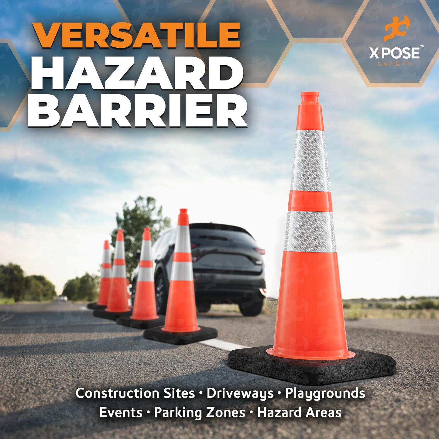 Xpose Safety 28 Inch Orange Slim Line Traffic Cones Heavy Duty 10lb with 6" & 4" Collars, 6 Pack Multipurpose PVC Plastic Safety Cone for Parking, Soccer, Caution, Kids & Construction - DOT Approved