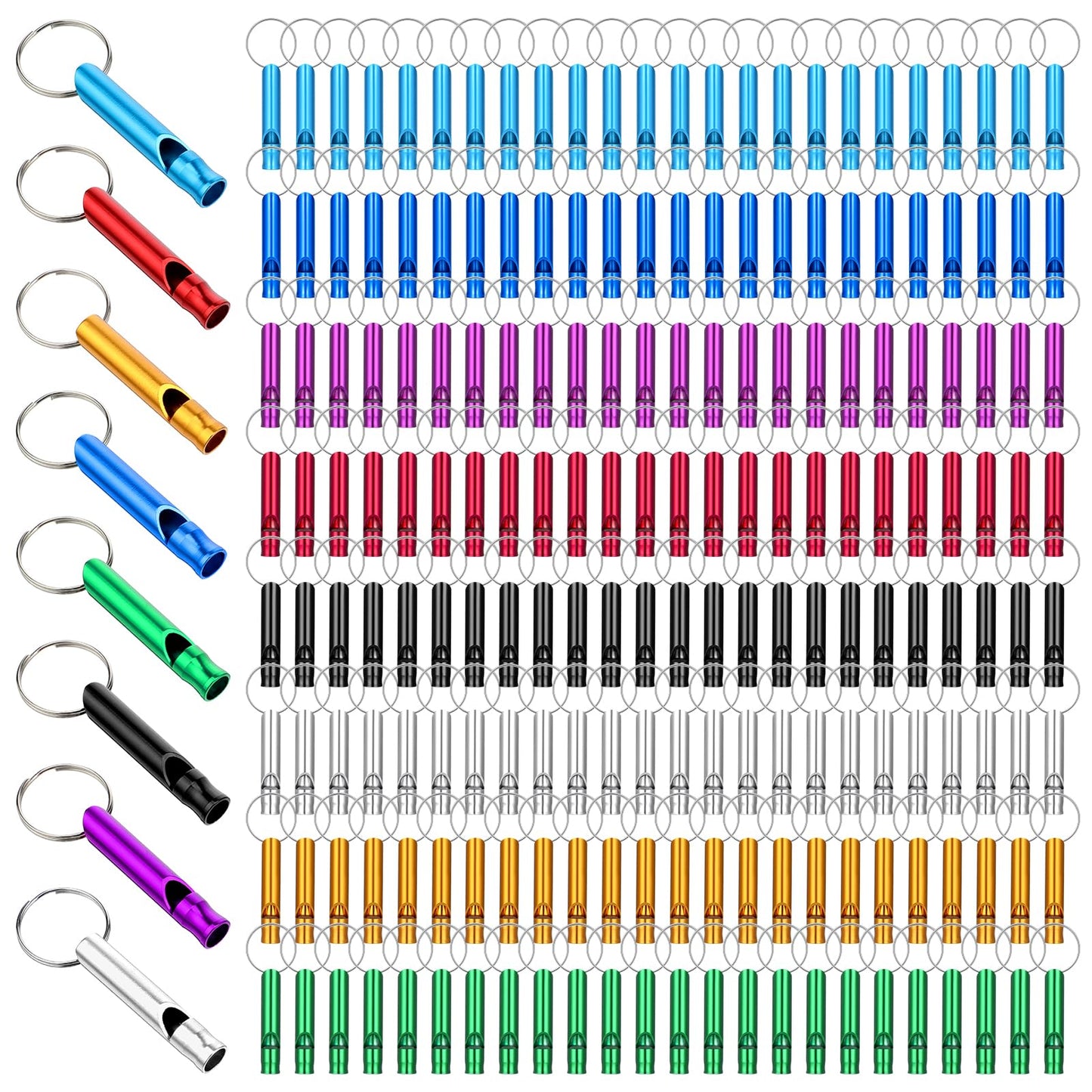 Aphumedc 200Pcs Emergency Whistles with Keychains, Aluminum Extra Loud Survival Whistle, Whistle Bulk for Camping Hiking Hunting Boating Training Outdoor Sports, Multicolor