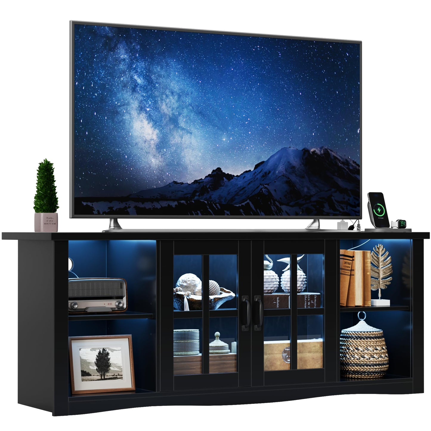 YESHOMY Farmhouse LED TV Stand with Power Outlet, for Televisions up to 65 Inches, Wood Entertainment Center with Glass Door Storage Cabinet, TV Console for Living Room, Black