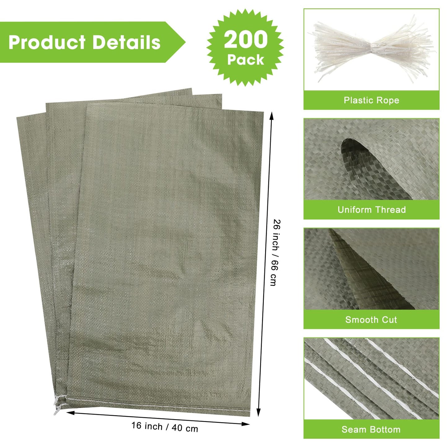 Nuenen 200 Pcs Empty Sandbags Heavy Duty Sand Bags with Ties Woven Polypropylene Sand Bags Bulk for Flooding 16 x 26 Inches Sandbag Flood Protection for Emergency Hurricane Supplies(Green)