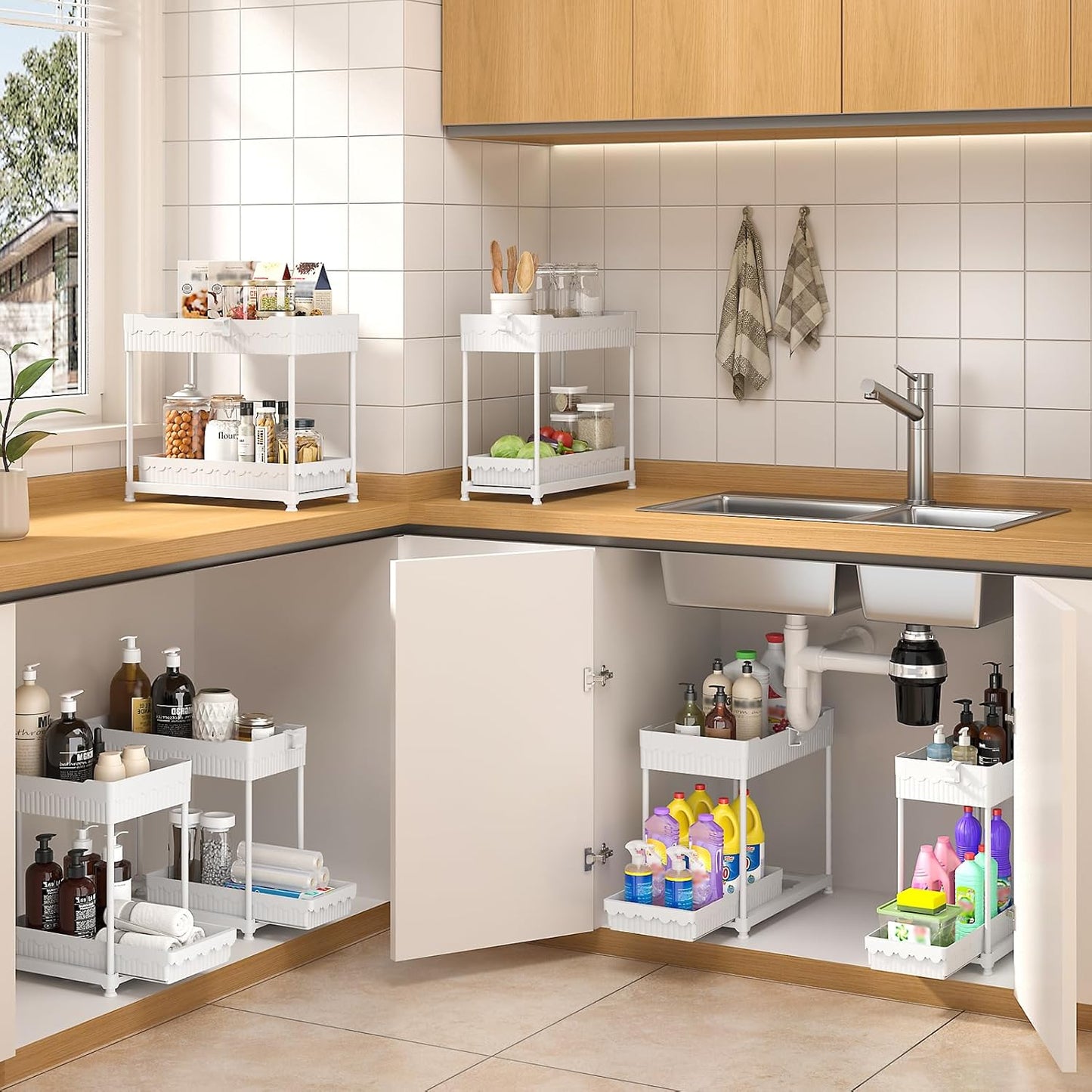 Sevenblue 3-Pack Under Sink Organizers - 2-Tier Kitchen & Bathroom Storage with Sliding Drawers | White, 14.8 Inch