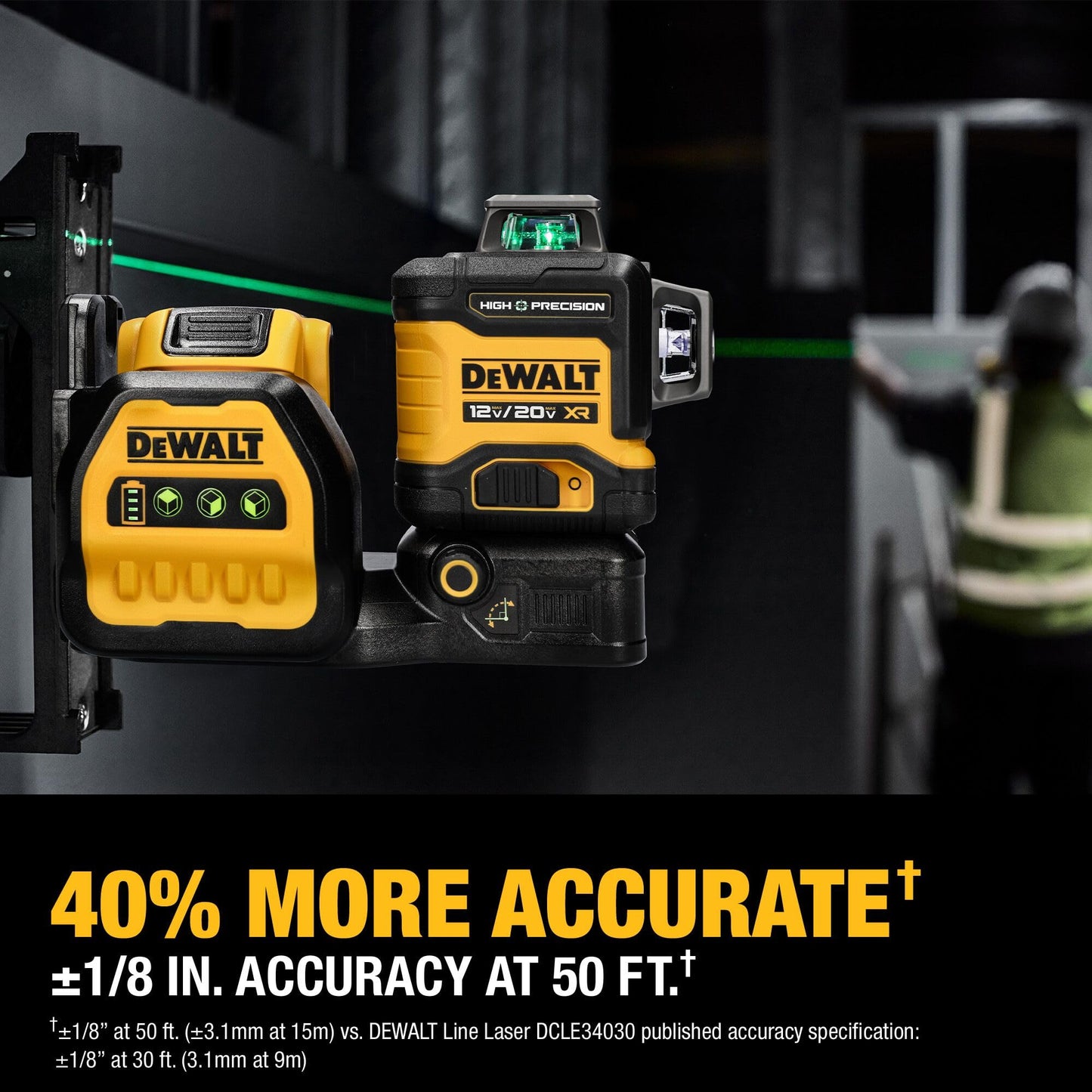 DEWALT 12V/20V MAX XR Line Laser, High Precision 3 X 360, Green, Battery and Charger Included (DCLE34033D1)
