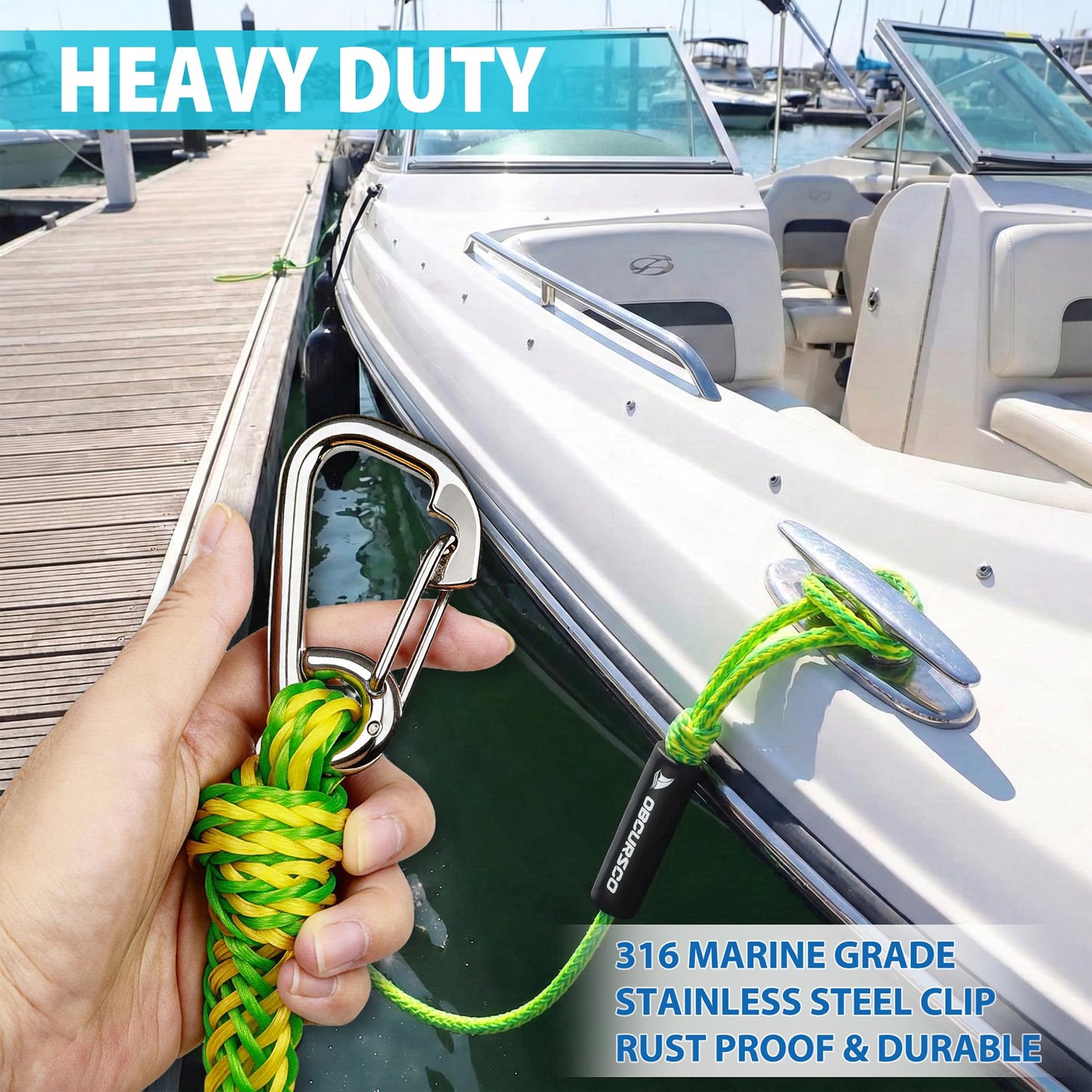 Obcursco Bungee Dock Lines for Boat, Docking Rope with 316 Stainless Steel Clips, Accessories for Jet Ski, PWC, SeaDoo, Pontoon, Center Console, Sets of Two(4ft & 6ft) (Green/Yellow)