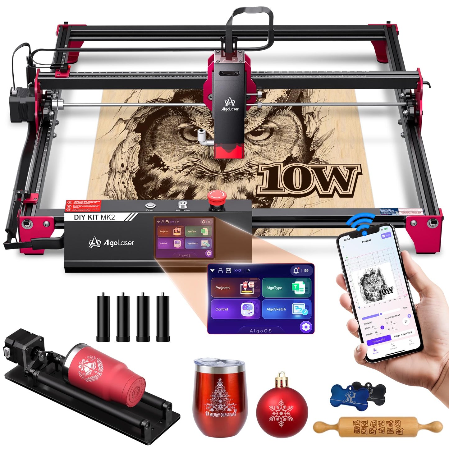 Algolaser 10W Laser Engraver Machine - Laser Engraver/Cutter with Rotary Roller & Laser Engraver Riser - Laser Engraving Machine with 3.5" Smart Touchscreen & AlgoOS,Laser Engraver for Wood & Metal