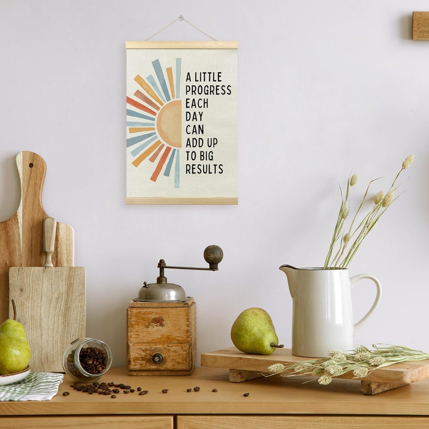 TLESKE Inspirational Mental Health Poster Frame - Progress Each Day Wall Art for Kids Room | 12x16 Boho Sun Design