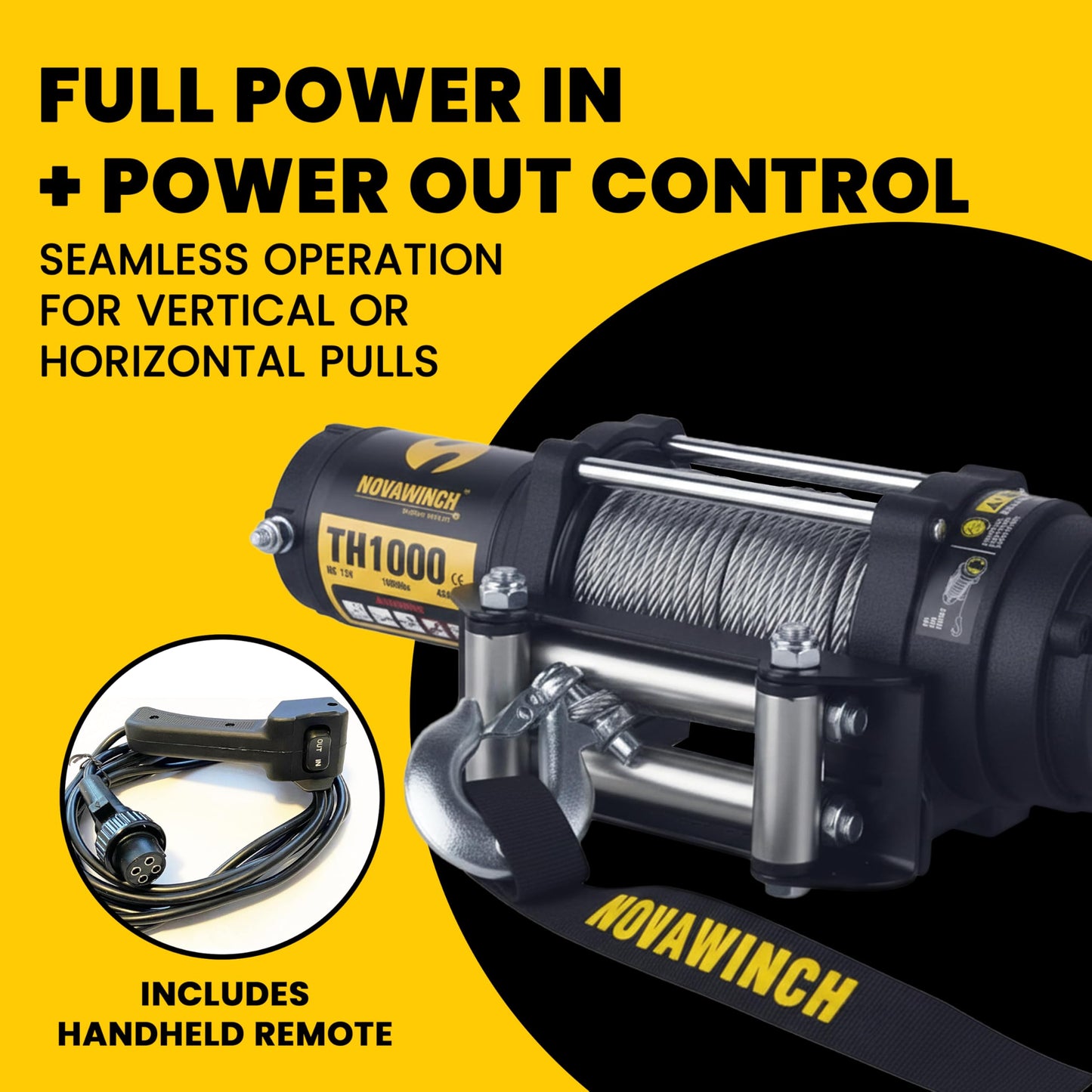 Novawinch TH1000 Electric Hoist 1000 lb - 12V DC Power Hoist with Mechanical Brake - Cable Hoist with Plug in Remote Control - Vertical or Horizontal Mount Lifting System for Material Handling