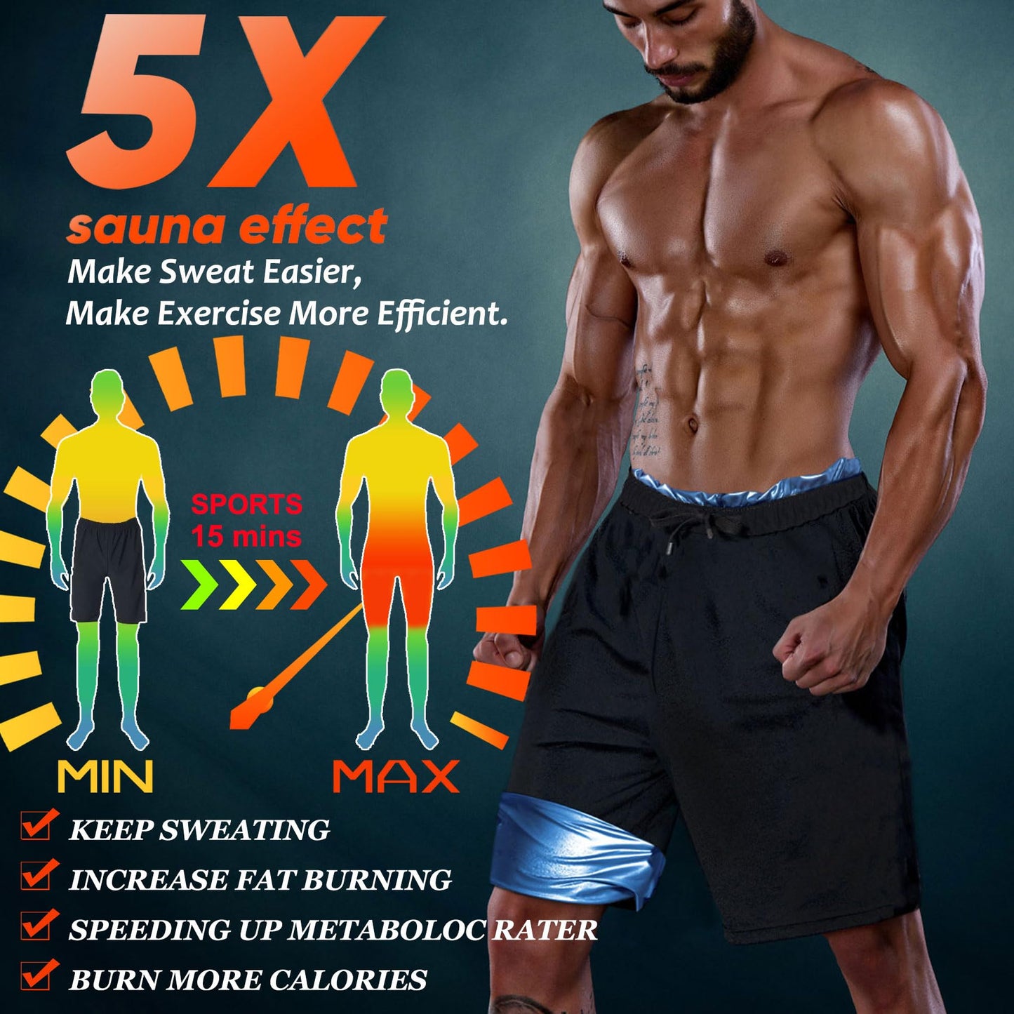 Sauna Shorts for Men Sweat Pants with Drawstring, Heat Trapping Sweat Shorts Sauna Suit for Men Workout Gym Exercise