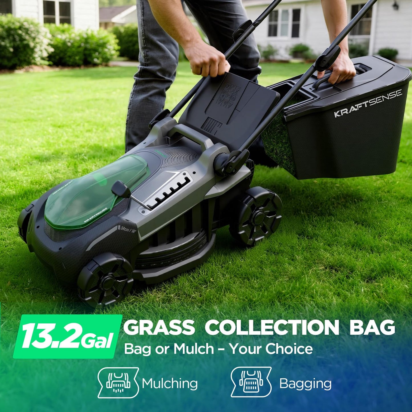 Kraftsense 16" Electric Lawn Mower, 40V Cordless Lawn Mower with 2x5.0Ah Batteries & Charger, Brushless Motor, 2-in-1 Mulching & Bagging, 6-Position Height Adjustment, for Small to Medium Yards