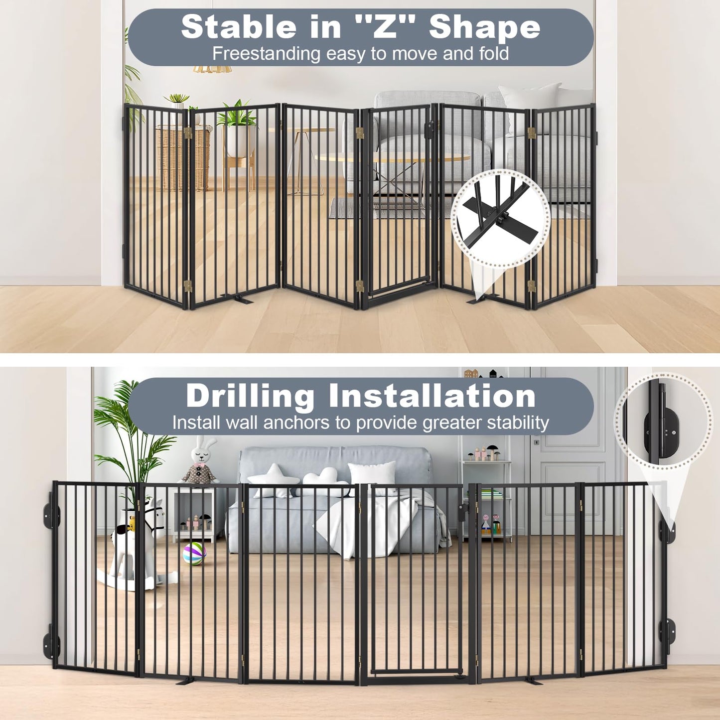 Metal Freestanding Dog Gates with Door for Outdoor Indoor,120'' Extra Wide 36'' Tall Free Standing Dog Gate for Doorways,Large Openings,Deck,Yard,Porch,Foldable Safety Pet Fence(Black,6 Panels)