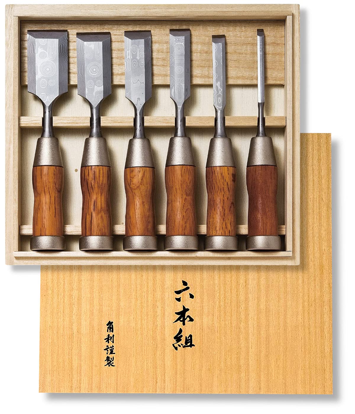 KAKURI Japanese Wood Chisel Set Damascus 6 Piece for Woodworking, Aogami Blue Steel No.2 Blade, Made in Japan [Japanese & Western Mixed Style]