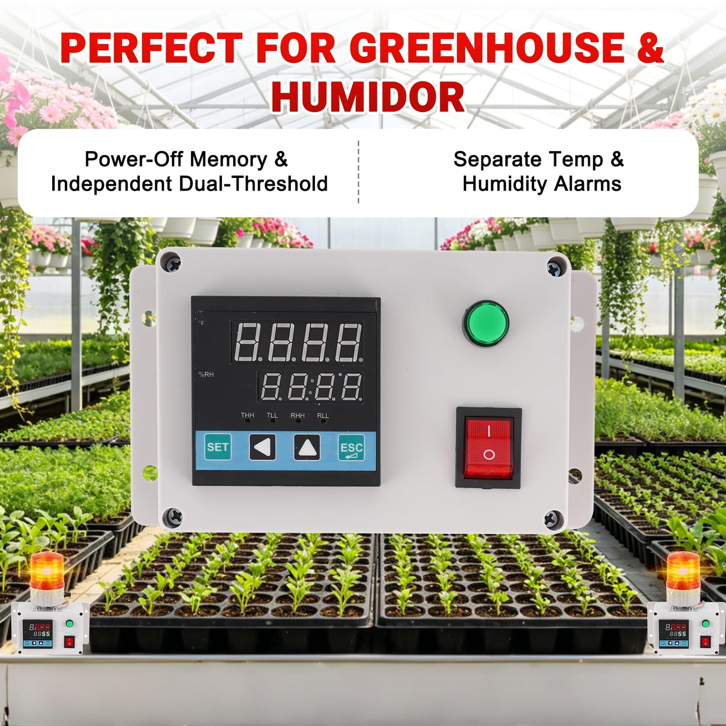 JIAWANSHUN Industrial Temperature Humidity Alarm, -40-185°F 0-100%RH Digital Thermometer Hygrometer, Independent Alarm Sound Light Alert Calibration for Greenhouse, Pet House, Chicken 110V