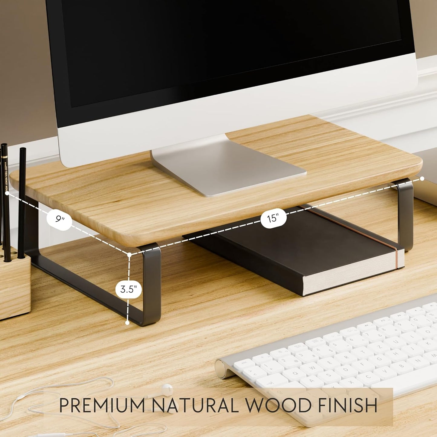 Beautiful Wooden Monitor Stand for Desk - Sturdy Stand Rises Your Monitor to the Perfect Ergonomic Level - Sleek