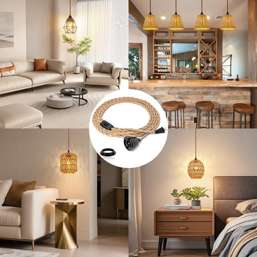 Industrial 15ft Pendant Light Cord - Hanging Light Kit with Switch Plug, Plug-in Pendant Light Cord Rope Pendant Lights Socket Set E26 E27 for Pendant Lamp Farmhouse Lamp Cable DIY Room Decor