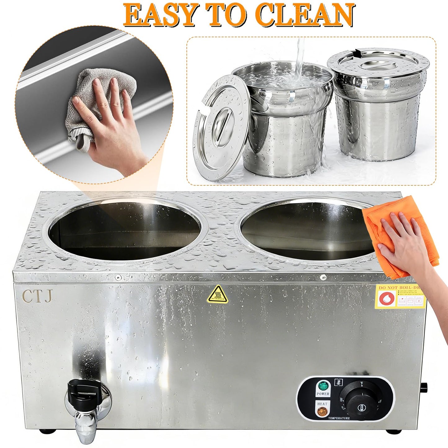 CTJ Electric Soup Warmer Two 7.4QT Nacho Cheese Warmer 304 Stainless Steel Commercial Food Warmer 86°F~185°F Adjustable, with Drain Faucet, Steam Table for Catering Restaurant Buffet